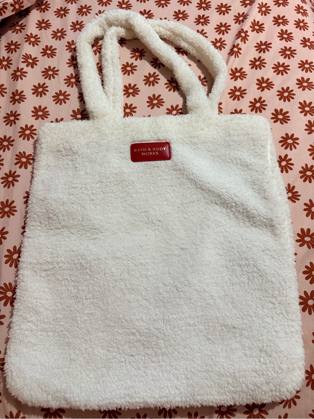 Bath & Body Works Cream Plush Sherpa Tote with Red Logo Patch